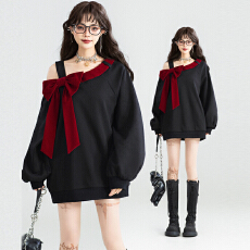 批发【有氨曼巴棉】蝴蝶结少女薄款斜肩<b class='q'>卫衣</b>女2026春宽松显瘦露肩上衣