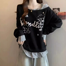 批发【格子布＋有氨曼巴棉】美式慵懒小狗印花斜肩格纹拼接假两件上衣