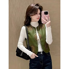 批发黄金段国风韵味穿搭新中式绿色马甲女高级感宽松显瘦上衣春