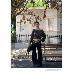 批发【大鱼鳞】美式辣妹<b class='q'>短款</b>露脐显瘦一字肩设计感字母正反两穿<b class='q'>卫衣</b>