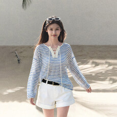 批发【天丝罗纹】蓝色<b class='q'>条纹</b>防晒罩衫女26新款春季单穿薄款<b class='q'>长袖</b>百搭<b class='q'>T</b><b class='q'>恤</b>