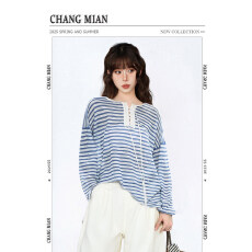 批发【天丝罗纹】26年复古慵懒风宽松蓝白<b class='q'>条纹</b>休闲小众别致宽松上衣春