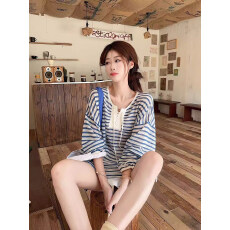 批发【天丝罗纹】法式<b class='q'>条纹</b><b class='q'>长袖</b><b class='q'>t</b><b class='q'>恤</b>女26年慵懒风防晒罩衫宽松休闲上衣