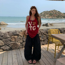 批发【40支莱雅消光1*1罗纹】美式字母印花无袖背心<b class='q'>T</b><b class='q'>恤</b>宽松休闲吊带上