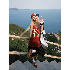 批发【40支莱雅消光1*1罗纹】美式字母印花无袖<b class='q'>背心女</b>宽松休闲运动上