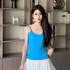 批发【莫代尔】多巴胺可拆卸串珠链条蝴蝶结吊带背心女紧身露背上衣