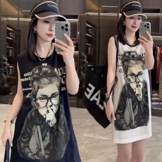 批发【酷丝爽棉】时尚设计感洋气圆领无袖背心<b class='q'>中长款</b>宽松显瘦印花T恤