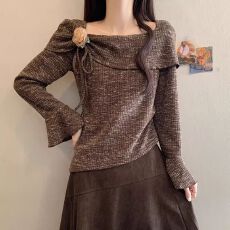 批发[雪花竹节条]韩系氛围感春秋一字肩咖色上衣2026新款<b class='q'>冬</b>季女装