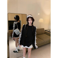 原版做工新款拼接蕾丝侧边条纹长袖上衣2026ins韩系时尚