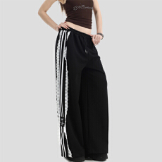 批发[涤鱼鳞]美式蕾丝拼接运动裤女2026个性宽松休闲阔腿长裤子