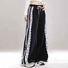 批发[涤鱼鳞]阔腿运动裤女春秋设计感蕾丝拼接休闲卫裤美式条纹直筒裤