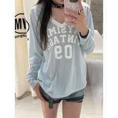 批发【天丝螺纹】时尚潮流26春季新款芭董双蝴蝶结V领宽松字母长袖<b class='q'>T</b><b class='q'>恤</b>