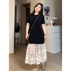 批发【原版做工】大码高级感蕾丝拼接短袖连衣<b class='q'>裙</b>2026夏季显瘦遮肉长<b class='q'>裙</b>