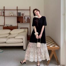 批发【原版做工】拼接短袖连衣<b class='q'>裙</b>女夏季2026新款宽松显瘦假两件长<b class='q'>裙</b>