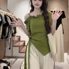 莱雅消光1*1罗纹大码斜肩短袖T恤女26新款夏季收腰不规则上衣