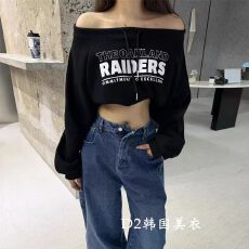 批发【华棉】26春季美式字母印花抽绳一字肩百搭露肩<b class='q'>卫衣</b>辣妹短款上衣