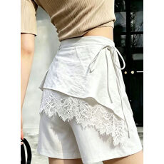 批发白色蕾丝拼接屁帘短裤女2026夏季流行新款高腰遮肉显瘦休闲阔腿裤