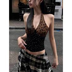 批发【金丝绒】带胸垫美式辣妹豹纹挂脖吊带背心26夏季新款<b class='q'>设计</b>感上衣