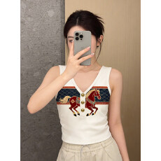 批发【11莱雅罗纹】女装新中式国潮骏马印花V领无袖背心夏修身显瘦上