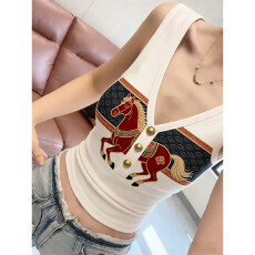 批发【1*1莱雅罗纹】女新中式国潮骏马印花V领无袖背心夏修身显瘦上衣