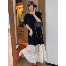 批发【原版做工】2026夏季新款装欧货气质蕾丝拼接高级感短袖t恤裙子