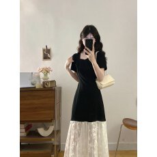 批发【原版做工】蕾丝拼接短袖连衣裙夏韩版宽松时尚黑色鱼尾裙中长裙
