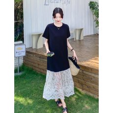 批发【原版做工】2026夏季新款装欧货气质蕾丝拼接高级感短袖t恤裙子