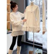 批发德绒白色蕾丝拼接<b class='q'>花朵</b>长袖卫衣女秋装季新款中长款打底衫上衣