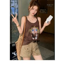 批发【莱赛尔雪花棉】白色无袖t恤女士夏季2026新款印花上衣扭结背心