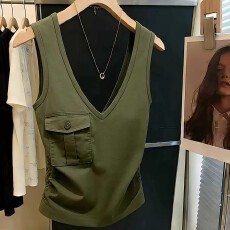 批发【40支1*1酷丝爽棉】2026绿色V领无袖背心女夏酷帅修身高级感上衣
