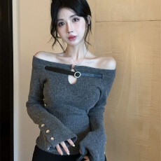 批发纯欲辣妹性感一字肩上衣女春<b class='q'>秋</b>露肩针织打底衫内搭高级感灰色毛衣