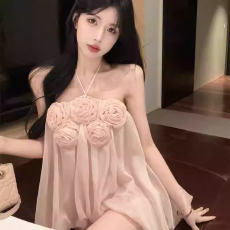 批发辣妹性感挂脖立体花朵<b class='q'>雪纺</b>衫女纯欲抹胸网纱无袖上衣绝美小衫夏季