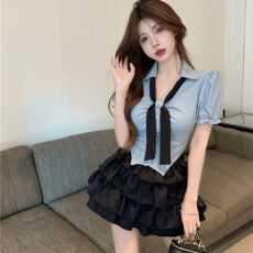批发纯欲辣妹制服两件套衬衫短款上衣蛋糕<b class='q'>蓬蓬</b>裙高腰显瘦A字短<b class='q'>裙套装</b>