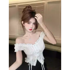 批发木耳边法式蕾丝<b class='q'>衬衫</b>女夏纯欲甜辣妹一字肩抹胸吊带小上衣独特别致