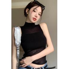 批发夏季冰丝针织无袖<b class='q'>背心</b>女内搭外穿纯欲辣妹性感镂空上衣设计感小众