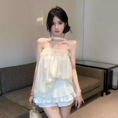 批发纯欲性感一字肩飘带上衣<b class='q'>女</b>夏季甜美立体花绝美小衫度假风抹胸背心