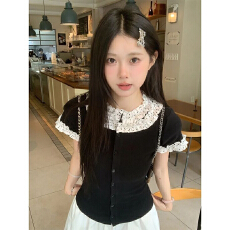 批发学院风木耳边短袖T恤<b class='q'>女</b>INS修身<b class='q'>开衫</b>上衣