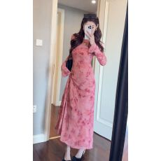 批发已出货 港风复古气质网纱印花修身连衣裙女装秋冬名媛高级两件套