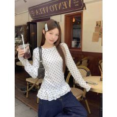 批发已出货荷叶边长袖t恤女秋<b class='q'>冬</b>新款修身甜辣妹内搭上衣