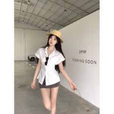 批发已出货polo领纯欲风收腰短袖<b class='q'>衬衫</b><b class='q'>女</b>夏季白色修身显瘦<b class='q'>衬衣</b>上衣