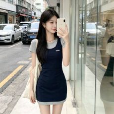 批发已出货假两件气质短袖连衣裙修身显瘦收腰设计感小个子<b class='q'>短裙</b>