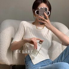 批发已出货纯色修身显瘦短袖ins开叉<b class='q'>不规则</b>短款针织衫女内搭