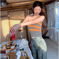 已出货撞色条纹针织抹胸背心女夏季修身短款小个子外穿上衣