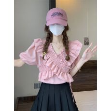 批发已出货小个子韩版甜美荷叶边交叉V领雪纺衫设计感系带短款