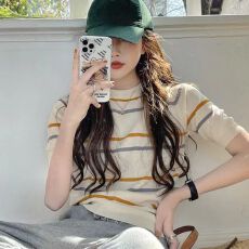 批发已出货韩版学生条纹冰丝针织短袖t恤女薄款设计感小众上衣