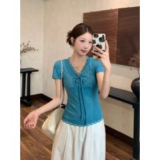 批发已出货蓝色T恤女夏胖MM修身巨显瘦针织冰丝上衣