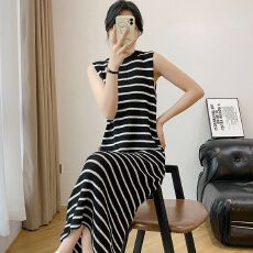 批发已出货<b class='q'>背心</b>连衣裙女夏宽松显瘦气质长款条纹无袖t恤裙子