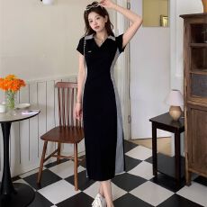 批发已出货撞色短袖<b class='q'>连衣裙</b>2026年夏季MM收腰显瘦修身<b class='q'>开叉</b>长裙