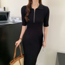批发已出货<b class='q'>条纹</b>连衣裙女夏季2026新款拉链短袖港风针织中长裙子
