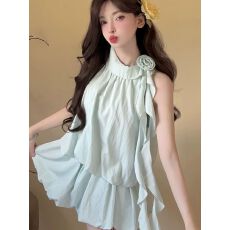 批发已出货法式绿色挂脖无袖吊带<b class='q'>连衣裙</b>子女夏季小个子短裙